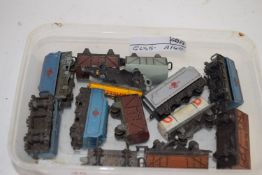 SMALL PLASTIC BOX CONTAINING TOY TRAIN ITEMS, MAINLY GOODS WAGONS ETC