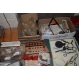 BOX CONTAINING CHEMISTS ITEMS INCLUDING WOODEN TEST TUBE HOLDERS ETC