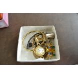 SMALL BOX CONTAINING SUNDRIES INCLUDING LADIES WRIST WATCH, SMALL BRACELET