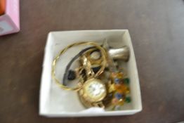 SMALL BOX CONTAINING SUNDRIES INCLUDING LADIES WRIST WATCH, SMALL BRACELET