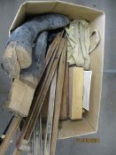 BOX CONTAINING MIXED ITEMS TO INCLUDE ARTISTS EASELS, ARTISTS PAINT BOXES, PAIR OF LEATHER SHOES