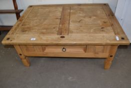 LARGE MODERN PINE COFFEE TABLE WITH RING HANDLE DRAWER BELOW, 107CM WIDE