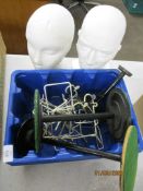 BOX CONTAINING TWO POLYSTYRENE MANNEQUIN HEADS TOGETHER WITH WOODEN STANDS