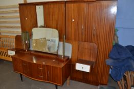 CIRCA MID 20TH CENTURY TEAK BEDROOM SUITE COMPRISING DRESSING TABLE AND VANITY MIRROR, HEADBOARD AND