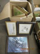 BOX CONTAINING VARIOUS FRAMED PICTURES AND PRINTS, SIR JOHN PETUS, MP FOR NORWICH, FRAMED ENGRAVED