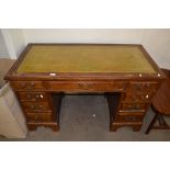 REPRODUCTION MID-20TH CENTURY TWIN PEDESTAL DESK WITH LEATHER INSERT TOP AND BRASS HANDLES, 121CM