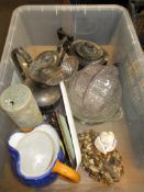BOX CONTAINING SILVER PLATE, GLASS WARE, CERAMICS ETC TO INCLUDE A SHELL COVERED GLASS BOTTLE