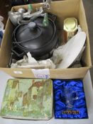 BOX CONTAINING VARIOUS SUNDRIES TO INCLUDE THE SHERINGHAM LODGE ENGRAVED GLASS IN PRESENTATION