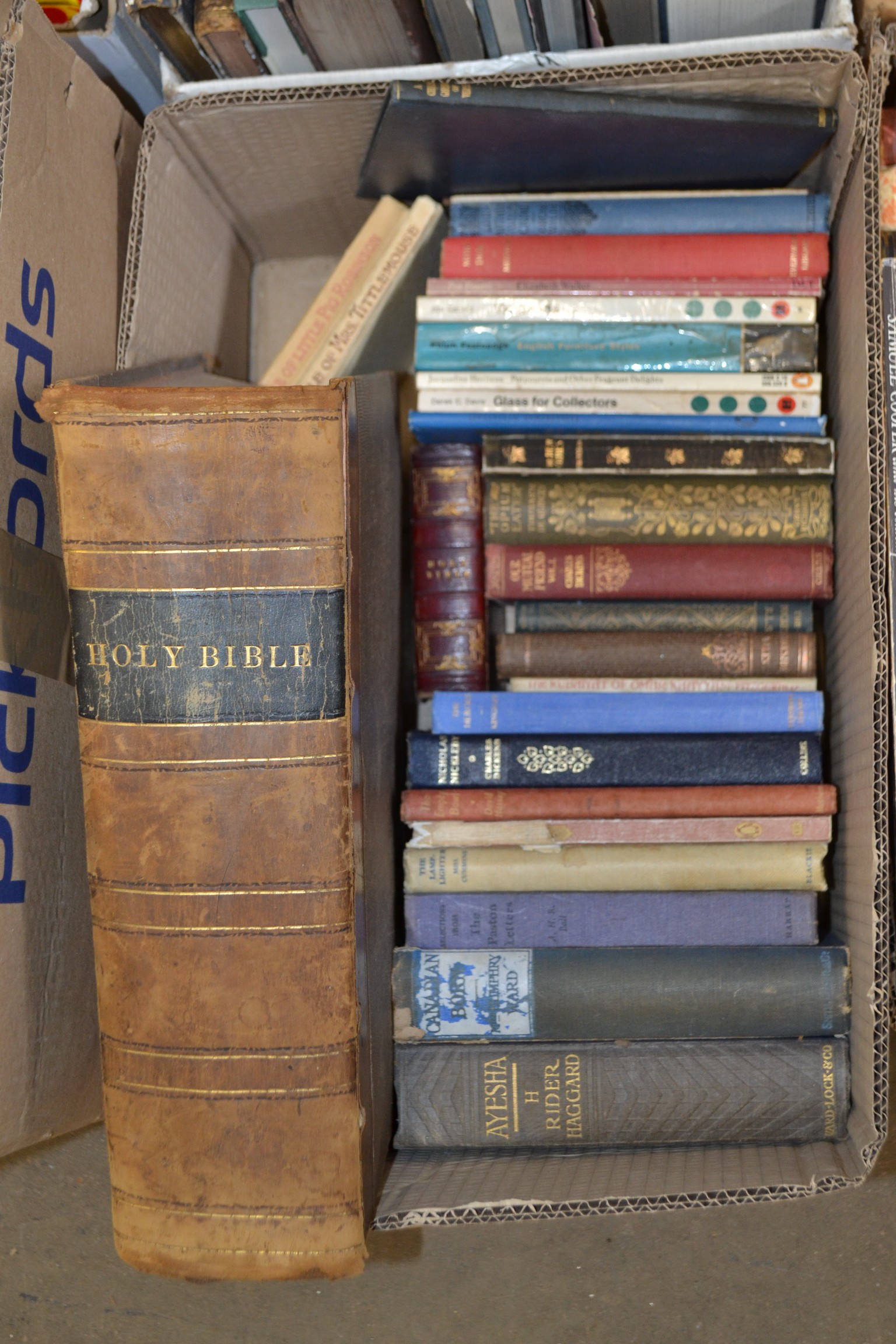 BOX OF MIXED BOOKS - HOLY BIBLE, THE OPIUM EATER, OUR MUTUAL FRIEND ETC