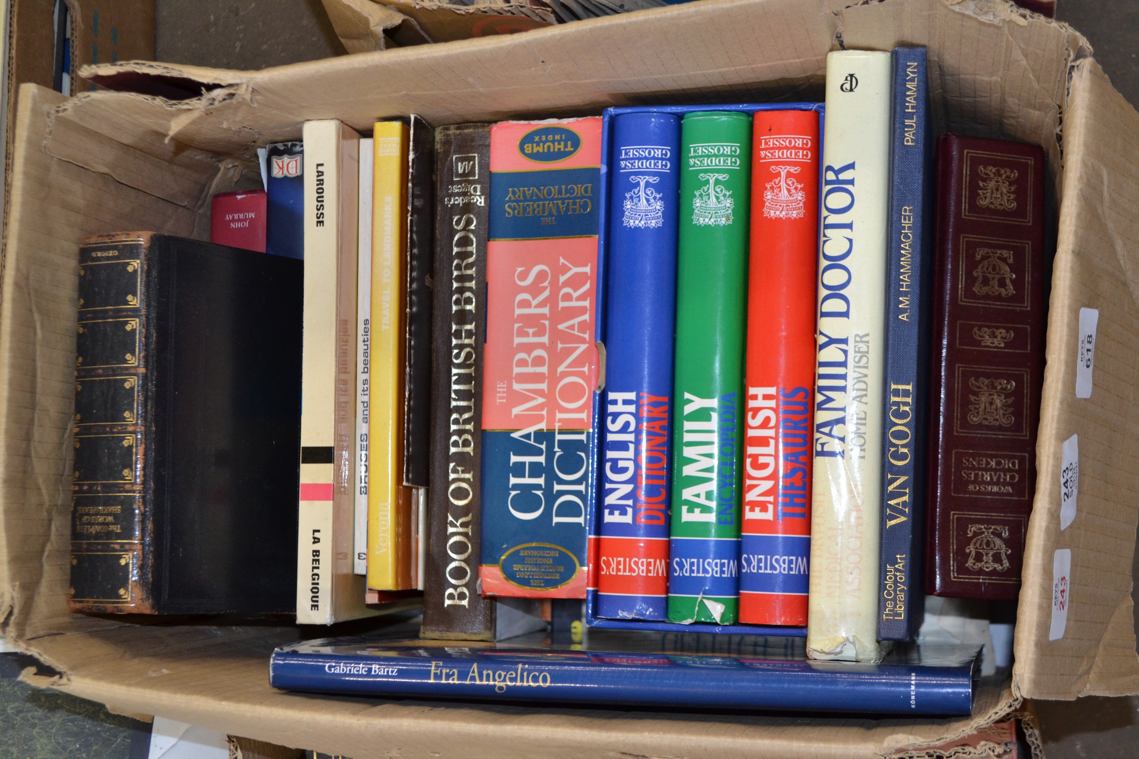 BOX OF MIXED BOOKS - THESAURUSES, FAMILY DOCTOR, VAN GOCH, BOOK OF BRITISH BIRDS ETC