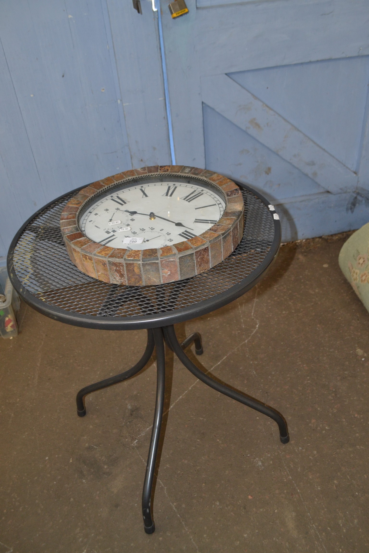 METAL OUTDOOR GARDEN TABLE AND A MODERN BATTERY POWERED WALL CLOCK