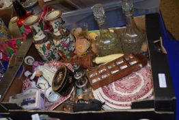 BOX CONTAINING CERAMICS, TWO ORIENTAL CRACKLEWARE VASES, TWO CUT GLASS DECANTERS AND COVERS