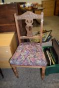 DECORATIVELY CARVED UPHOLSTERED BEDROOM CHAIR, HEIGHT APPROX 93CM