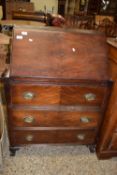 SMALL MAHOGANY EFFECT FALL FRONT BUREAU WITH PART FITTED INTERIOR, WIDTH APPROX 75CM MAX