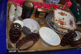 BOX CONTAINING CERAMIC ITEMS, BOHEMIAN STYLE GLASS VASE, MID-20TH CENTURY DECO ALARM CLOCK IN