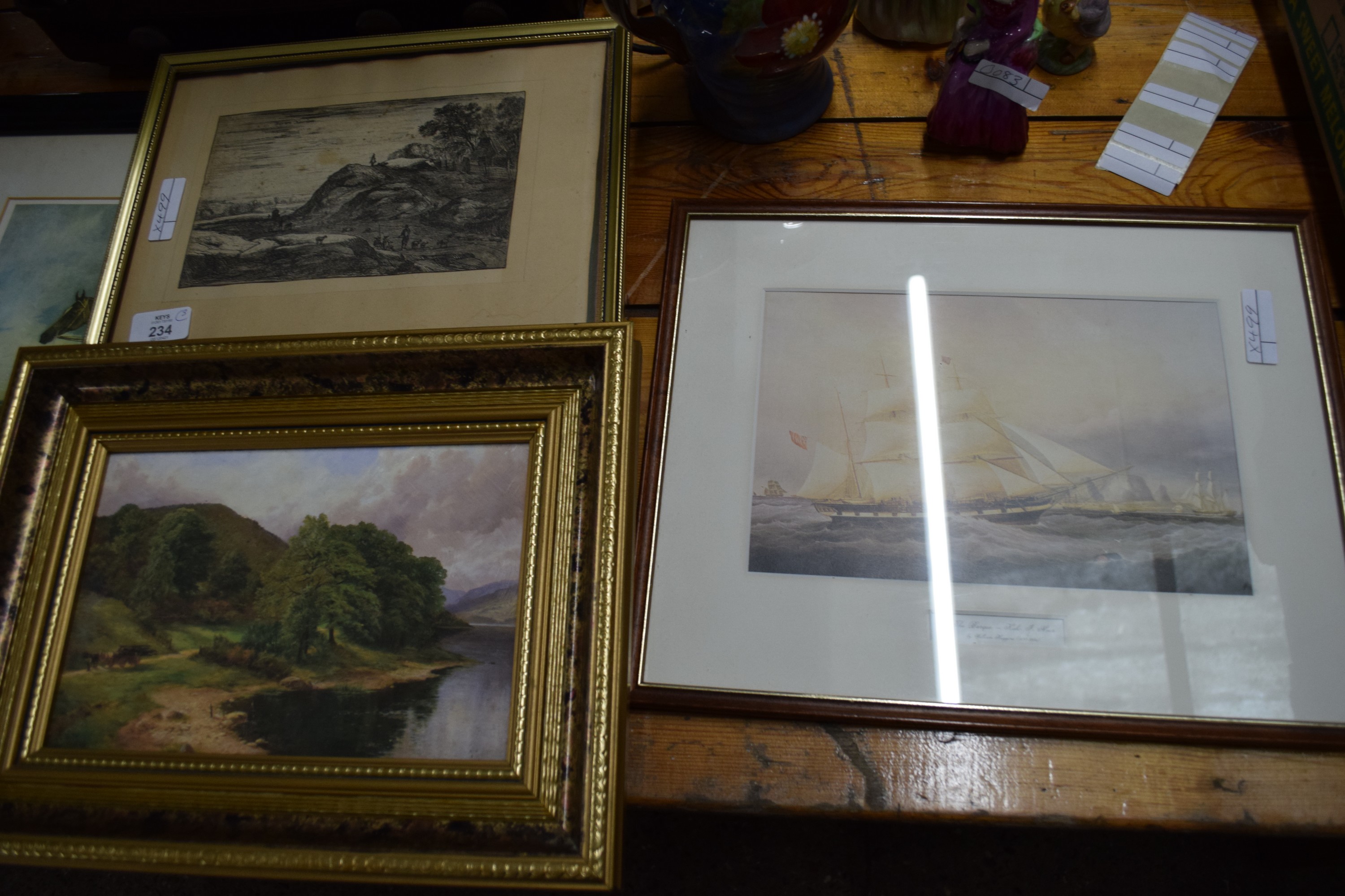 PICTURES IN GILT FRAMES INCLUDING PRINT OF SAILING SHIP