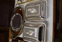 PAIR OF PLATED TUREENS AND COVERS AND WALKER & HALL PLATED TRAY