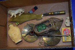 SMALL BOX CONTAINING PAIR OF SCALES, ORIENTAL CARVED SCENT BOTTLE AND TRENCH ART PAPER KNIFE