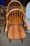 PAIR OF STICK BACK BENTWOOD PINE KITCHEN ARMCHAIRS, HEIGHT EACH APPROX 97CM