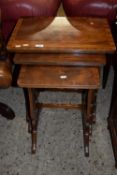 NEST OF THREE MAHOGANY EFFECT OCCASIONAL TABLES WITH CROSS BANDED DECORATION, LARGEST WIDTH APPROX