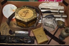 BOX CONTAINING WOODEN ITEMS AND BRASS BRACKET CLOCK AND GLASS SLIDE OF A 19TH CENTURY WARSHIP