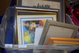 BOX CONTAINING PRINTS, LANDSCAPE SCENES ETC IN WOODEN FRAMES