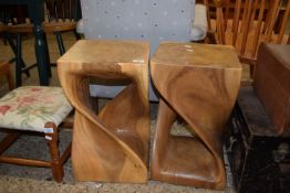 PAIR OF GOOD QUALITY SIDE TABLES, EACH CARVED FROM A SINGLE BLOCK OF WOOD, APPROX 31CM SQUARE