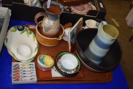 TRAY CONTAINING MAINLY CERAMIC ITEMS INCLUDING TWO STUDIO POTTERY JUGS ETC