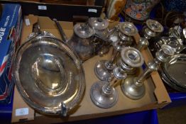 FLATWARES INCLUDING TWO PAIRS OF PLATED CANDLESTICKS, COFFEE POT, TEA POT, COVER ETC