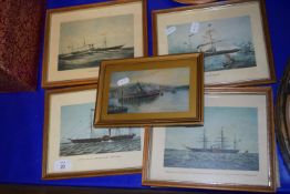 FIVE PRINTS OF STEAM SHIPS IN LIGHT OAK FRAMES