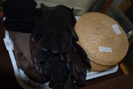 TRAY CONTAINING LEATHER GLOVES AND WICKER BASKET CONTAINING COSTUME JEWELLERY