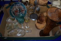 BOX CONTAINING GLASS WARES, CANDLE STICKS ETC AND TURNED WOODEN VASE