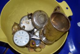 PLASTIC BOX CONTAINING POCKET WATCHES, SOME SILVER CASES, TOGETHER WITH A CHRISTENING MUG,