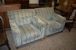 PAIR OF STRIPED UPHOLSTERED FIRESIDE CHAIRS, EACH WIDTH APPROX 80CM