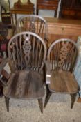 SELECTION OF THREE VARIOUS WHEEL BACK CHAIRS, LARGEST WIDTH APPROX 58CM MAX