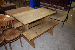 LATE 20TH CENTURY REFECTORY STYLE TABLE, APPROX 120 X 60CM, TOGETHER WITH TWO MATCHING BENCHES