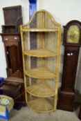 CANE CORNER SHELF UNIT, APPROX 43CM X 43CM FULL HEIGHT