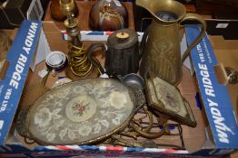 BOX CONTAINING METAL WARES INCLUDING A BRASS JUG WITH ART NOUVEAU STYLE DECORATION, EMBROIDERY