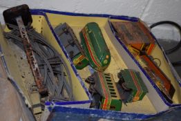 BOXED BRIMTOY TRAIN SET WITH TIN PLATED WAGONS AND A STATION ETC