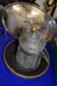 GROUP OF METAL WARES, LARGE MIDDLE EASTERN COPPER JUG WITH ISLAMIC DESIGN, PLUS A WOODEN BOWL