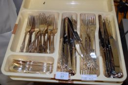 CUTLERY TRAY TOGETHER WITH CUTLERY WITH SILVER PLATED HANDLES