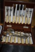 BOX CONTAINING SILVER PLATED FLATWARES WITH BONE HANDLES