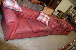 THREE PIECE CHESTERFIELD STYLE SUITE COMPRISING TWO-SEATER SOFA AND TWO ARMCHAIRS, THE SOFA APPROX