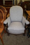 UPHOLSTERED GOOD QUALITY NURSING CHAIR WITH TURNED SUPPORTS AND CARVED DETAIL, TOTAL WIDTH MAX