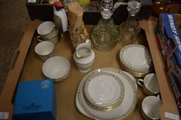 TRAY CONTAINING CHINA INCLUDING A ROYAL DOULTON WHITE NILE PART TEA SET COMPRISING FIVE CUPS,