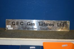 METAL PLAQUE FOR GEC GAS TURBINES, LEICESTER