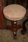 SMALL UPHOLSTERED STOOL WITH TURNED MAHOGANY CENTRAL PEDESTAL, APPROX 33CM DIAM MAX