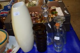 GLASS WARES INCLUDING TWO DECANTERS AND A STUDIO POTTERY TYPE VASE