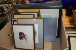 BOX CONTAINING PRINTS, MAINLY OF DOGS INCLUDING WATERCOLOUR OF DOG WITH PHEASANT BY WALTER PHARO