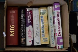 BOX OF MIXED BOOKS TO INCLUDE GARDENERS CALENDAR, DRESSMAKING, AGAINST THE GODS ETC